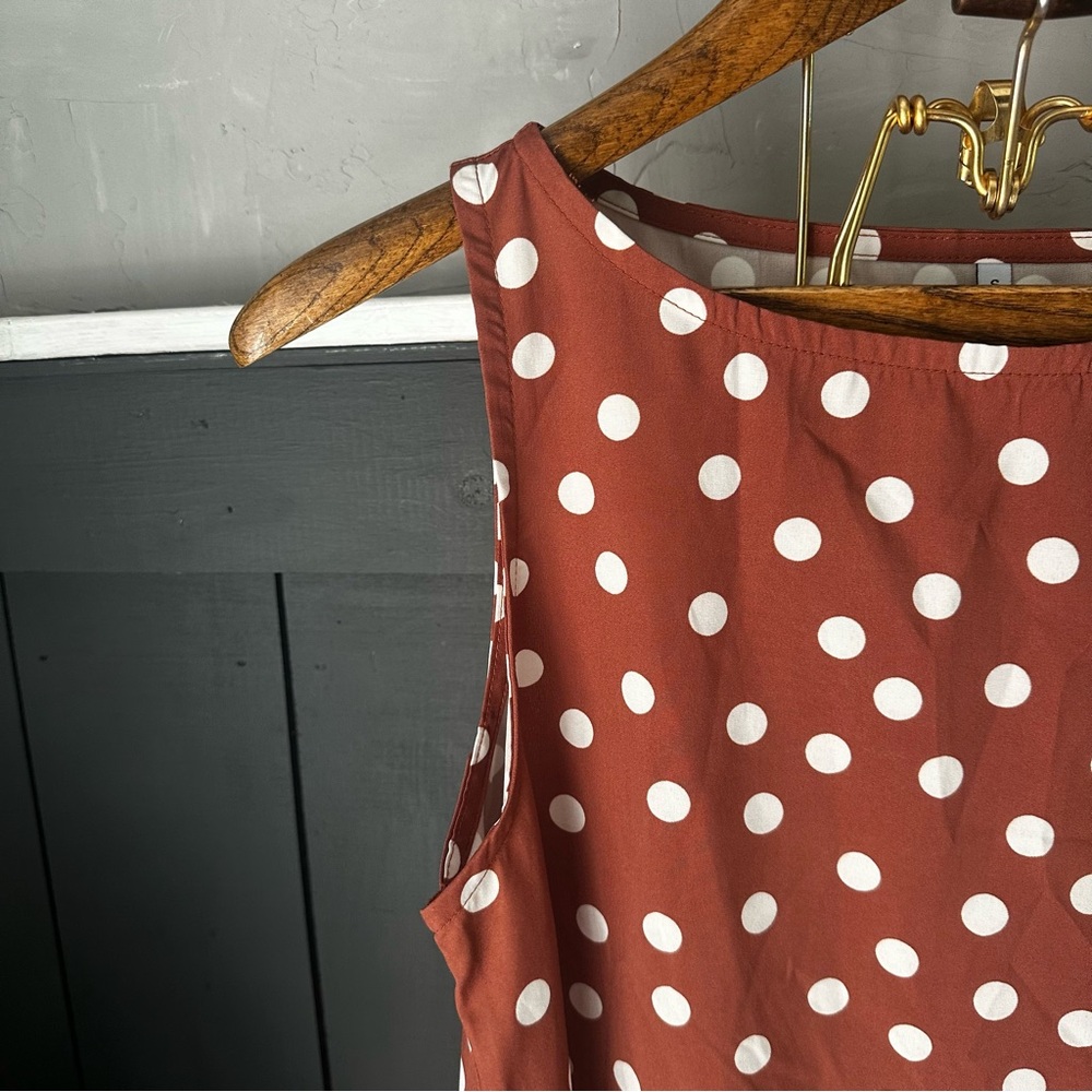 Brown White Polka Dot Sleeveless Ruffle Tier Flowy Lightweight Dress sz S‎ - Picture 3 of 11